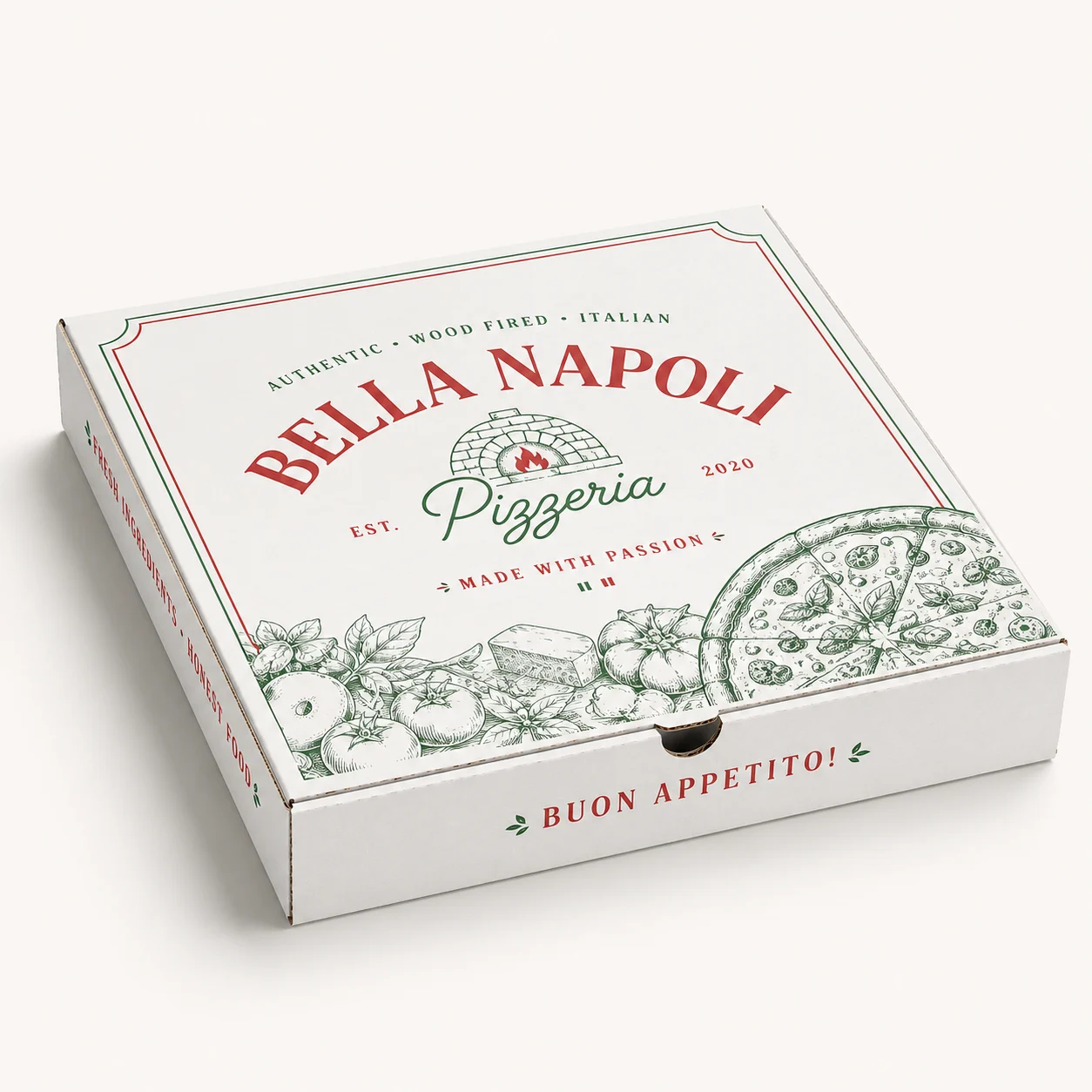 Front Angle of 14 inch white pizza box by Boxwaale