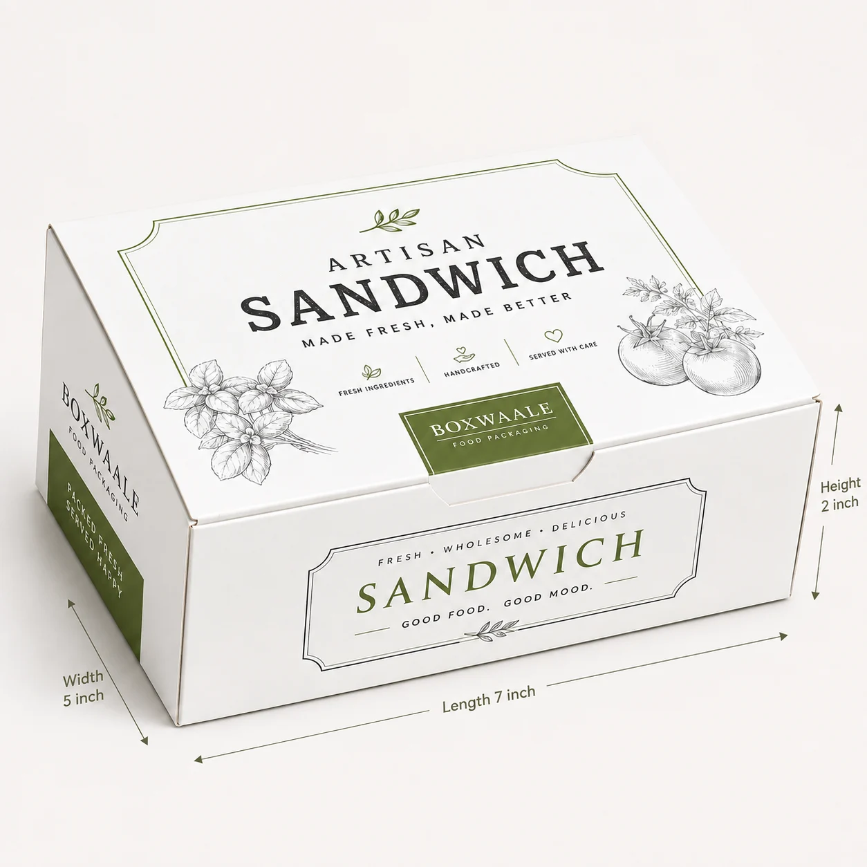 7x5x2 inch printed sandwich box with 7x5x2 inch dimensions by Boxwaale