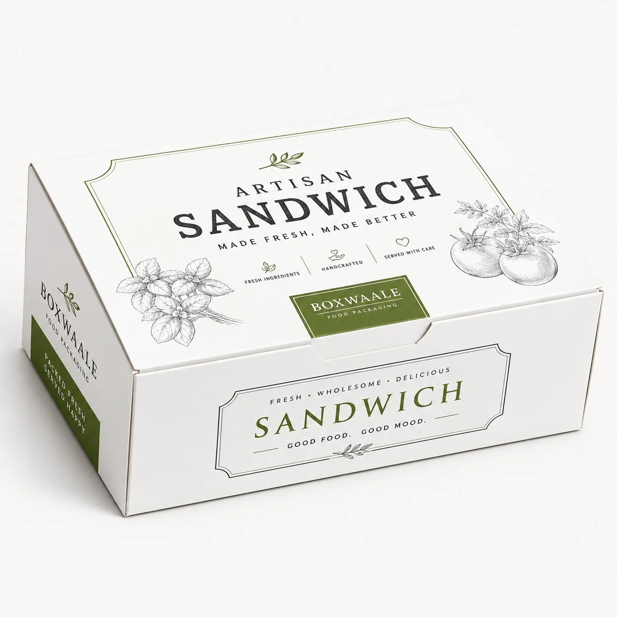 Front Angle of 7x5x2 inch printed sandwich box by Boxwaale