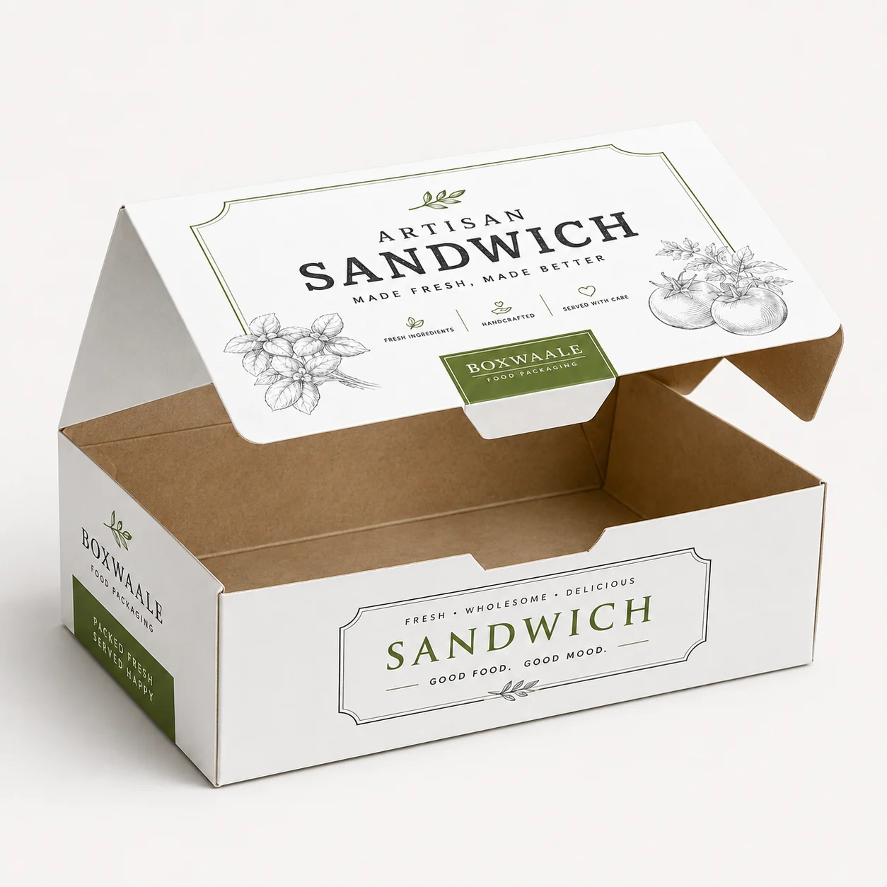 Open Interior of 7x5x2 inch printed sandwich box by Boxwaale