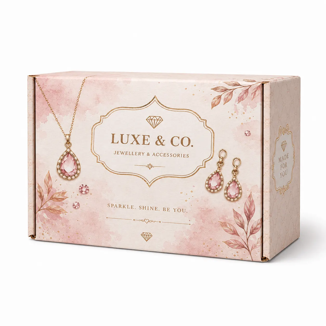 Jewellery & Accessories Mailer Box front three-quarter view with custom multicolour brand printing