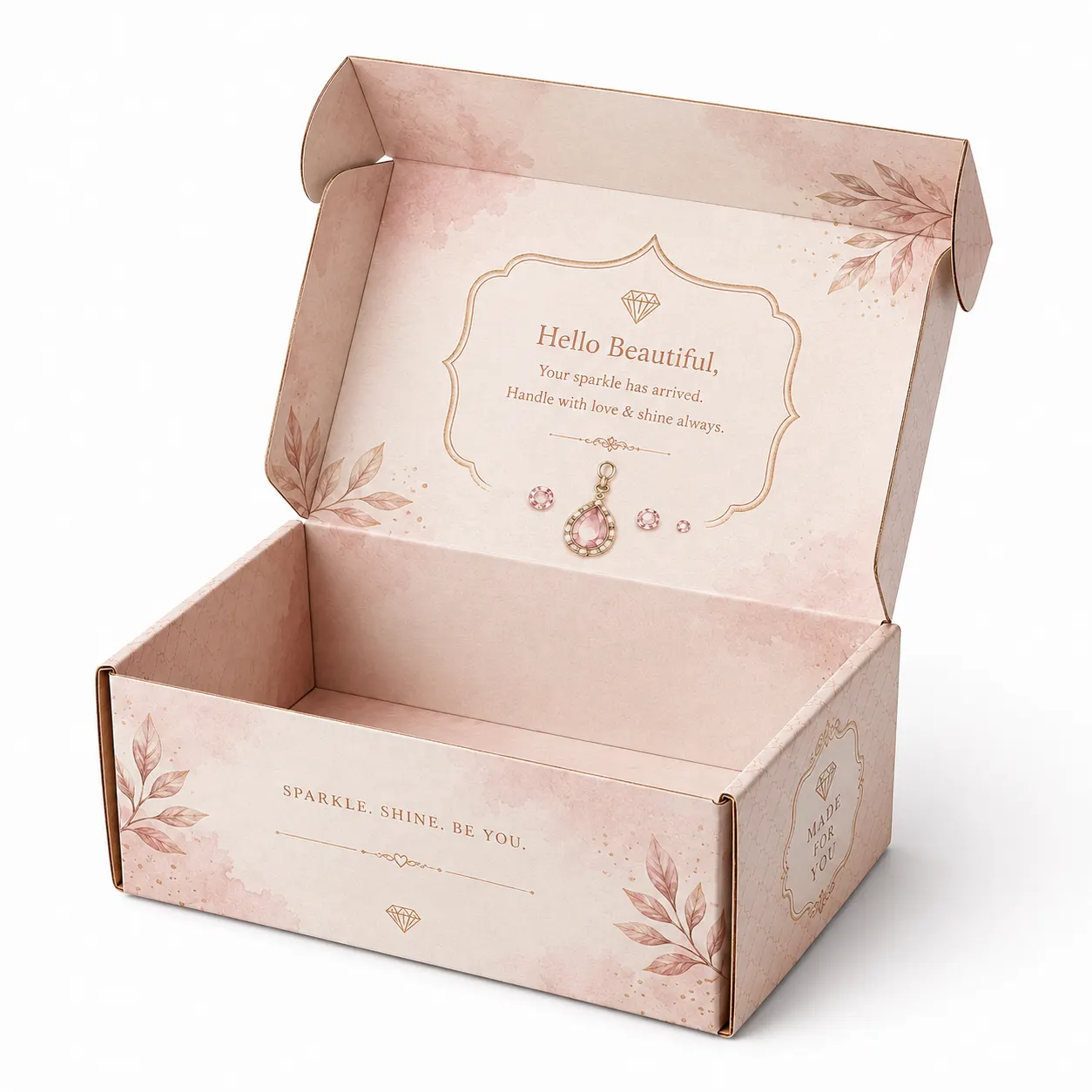 Jewellery & Accessories Mailer Box open box interior view with custom multicolour brand printing