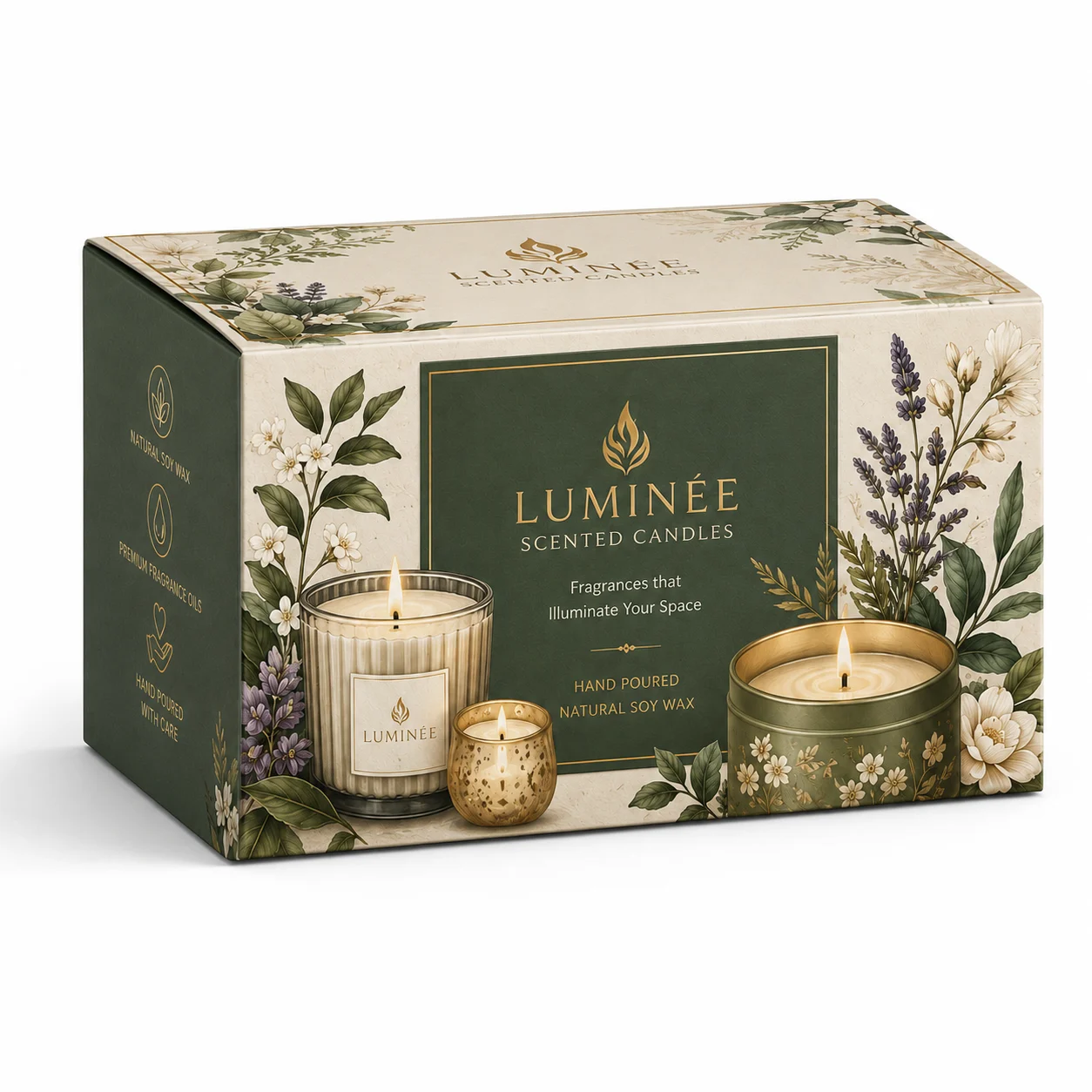 Scented Candle Packaging Box front three-quarter view with custom multicolour brand printing
