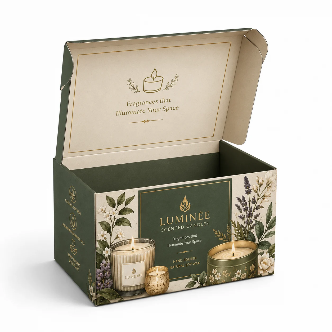 Scented Candle Packaging Box open box interior view with custom multicolour brand printing
