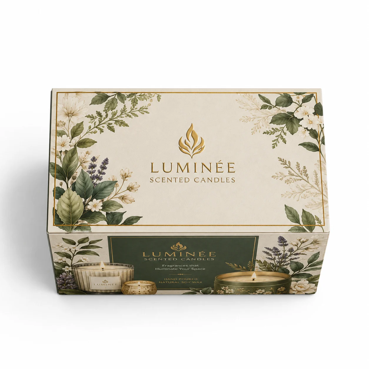 Scented Candle Packaging Box side panel print view with custom multicolour brand printing