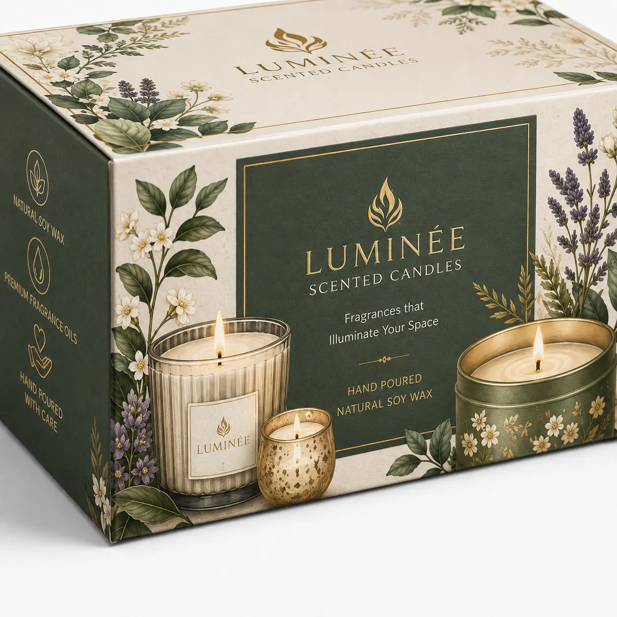 Scented Candle Packaging Box packed application view with custom multicolour brand printing