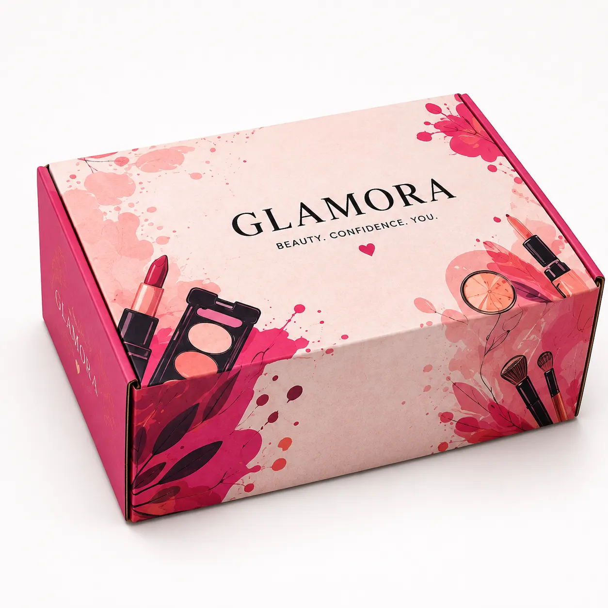 Makeup Kit Courier Box front three-quarter view with custom multicolour brand printing