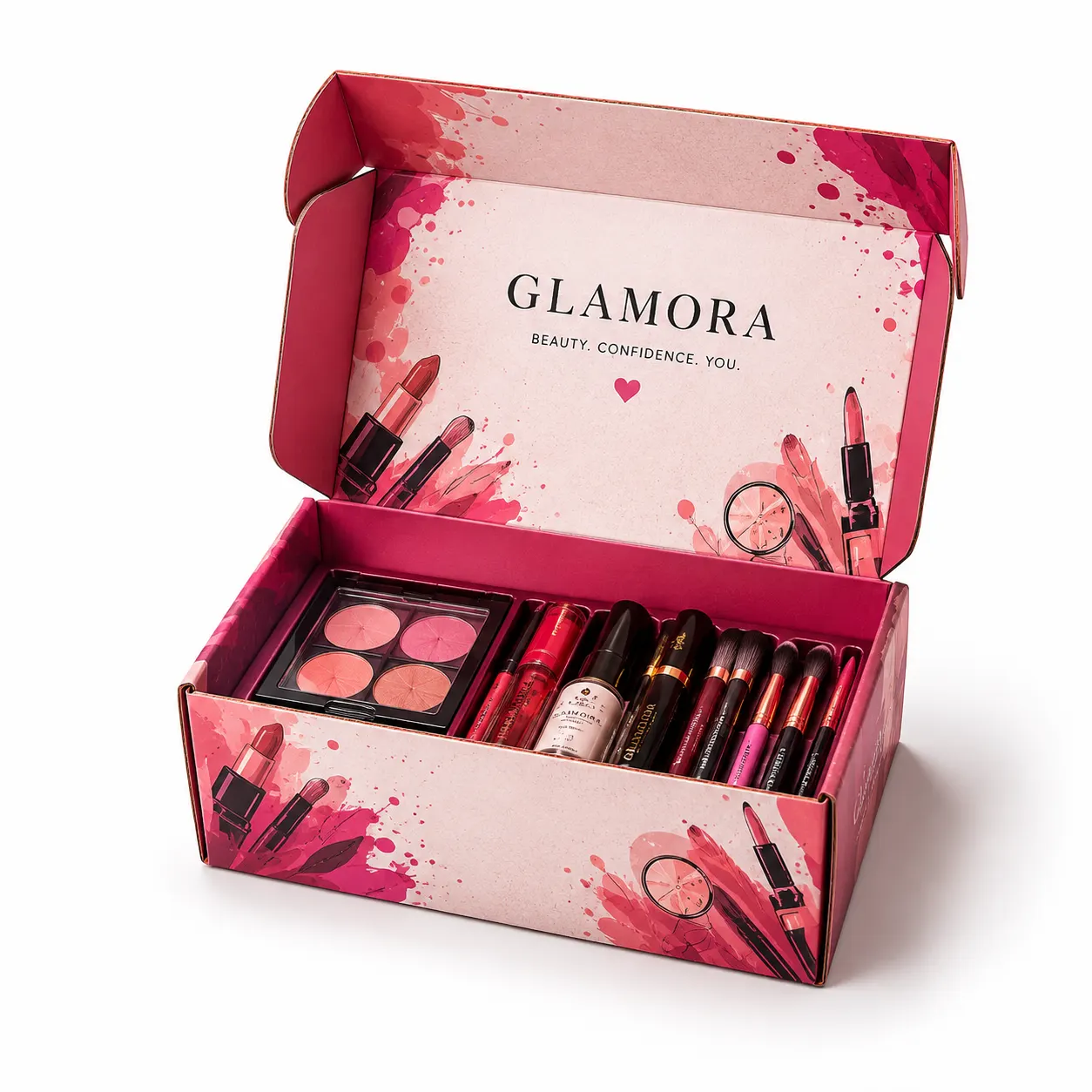Makeup Kit Courier Box open box interior view with custom multicolour brand printing