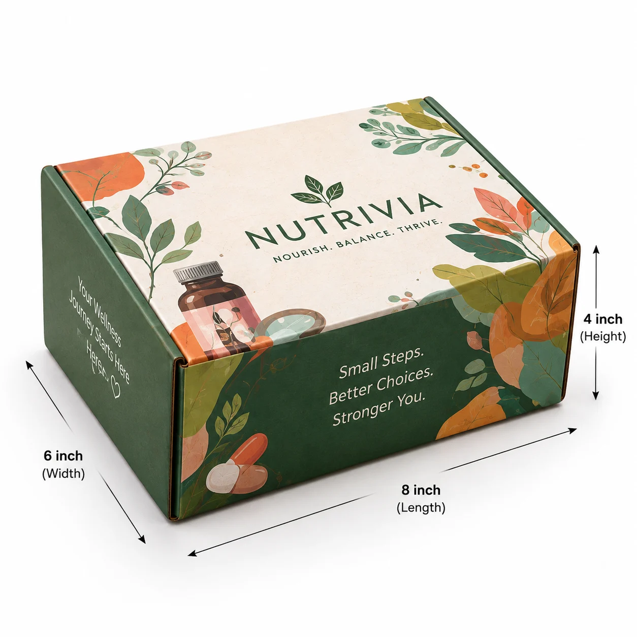 Wellness Supplement Subscription Box hero view with custom multicolour brand printing