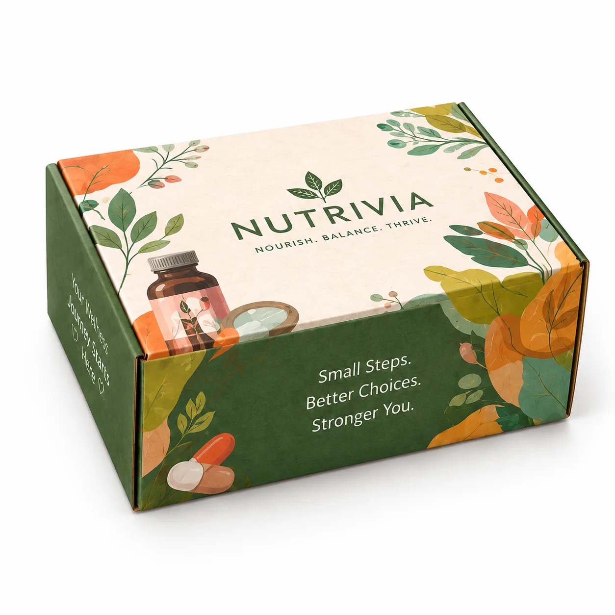 Wellness Supplement Subscription Box front three-quarter view with custom multicolour brand printing