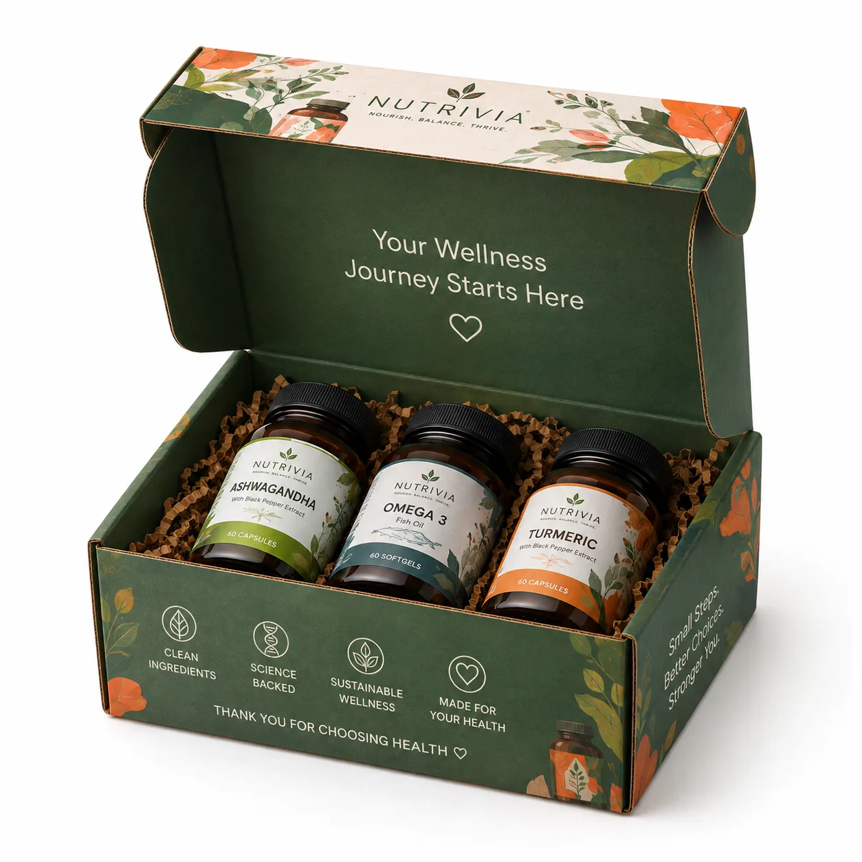 Wellness Supplement Subscription Box open box interior view with custom multicolour brand printing