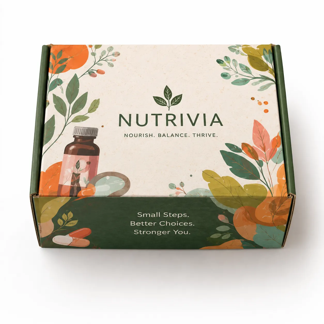 Wellness Supplement Subscription Box side panel print view with custom multicolour brand printing