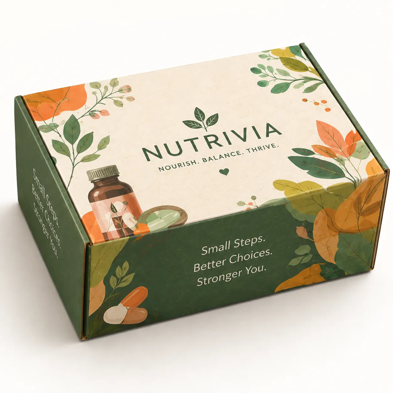 Wellness Supplement Subscription Box packed application view with custom multicolour brand printing