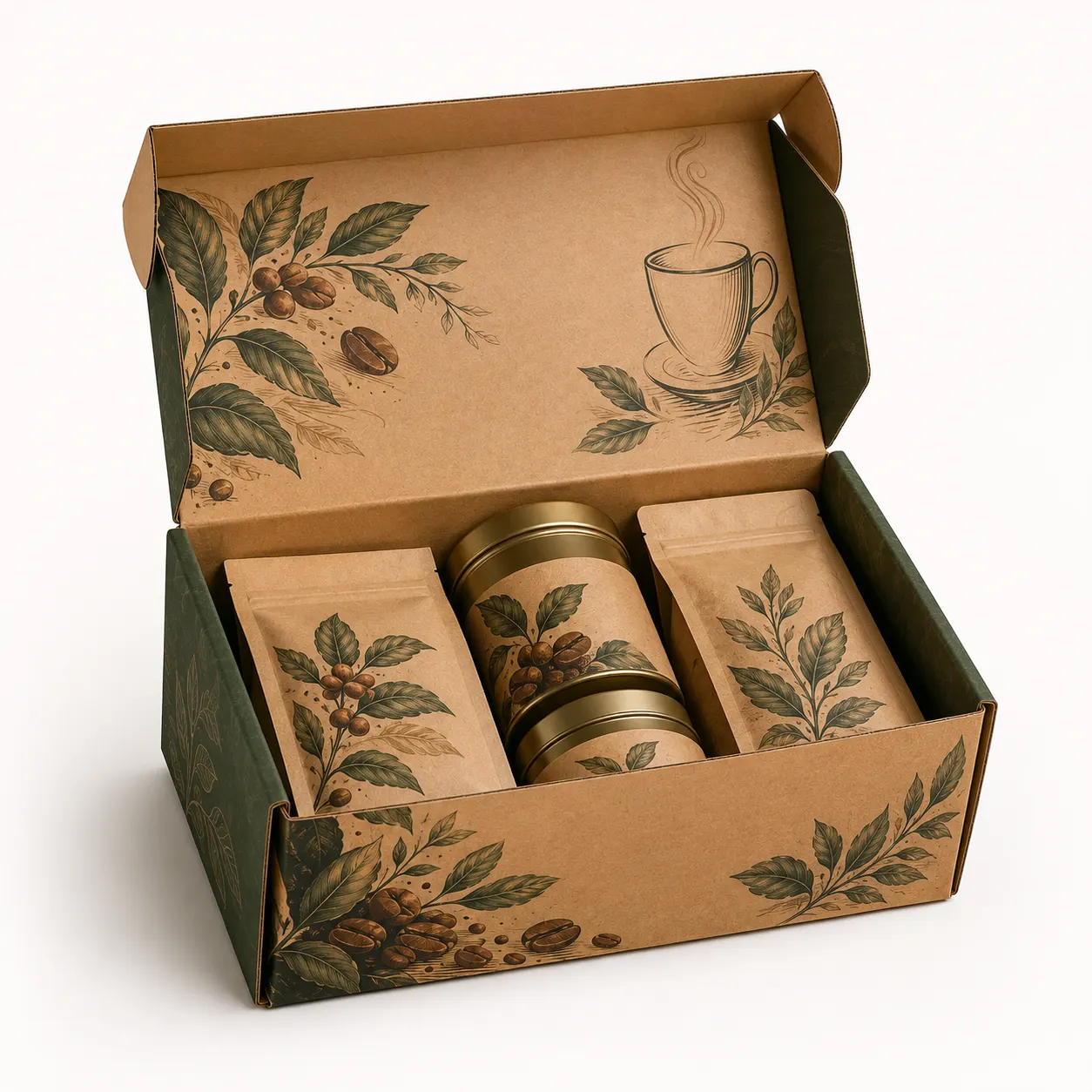 Gourmet Tea & Coffee Gift Box open box interior view with custom multicolour brand printing