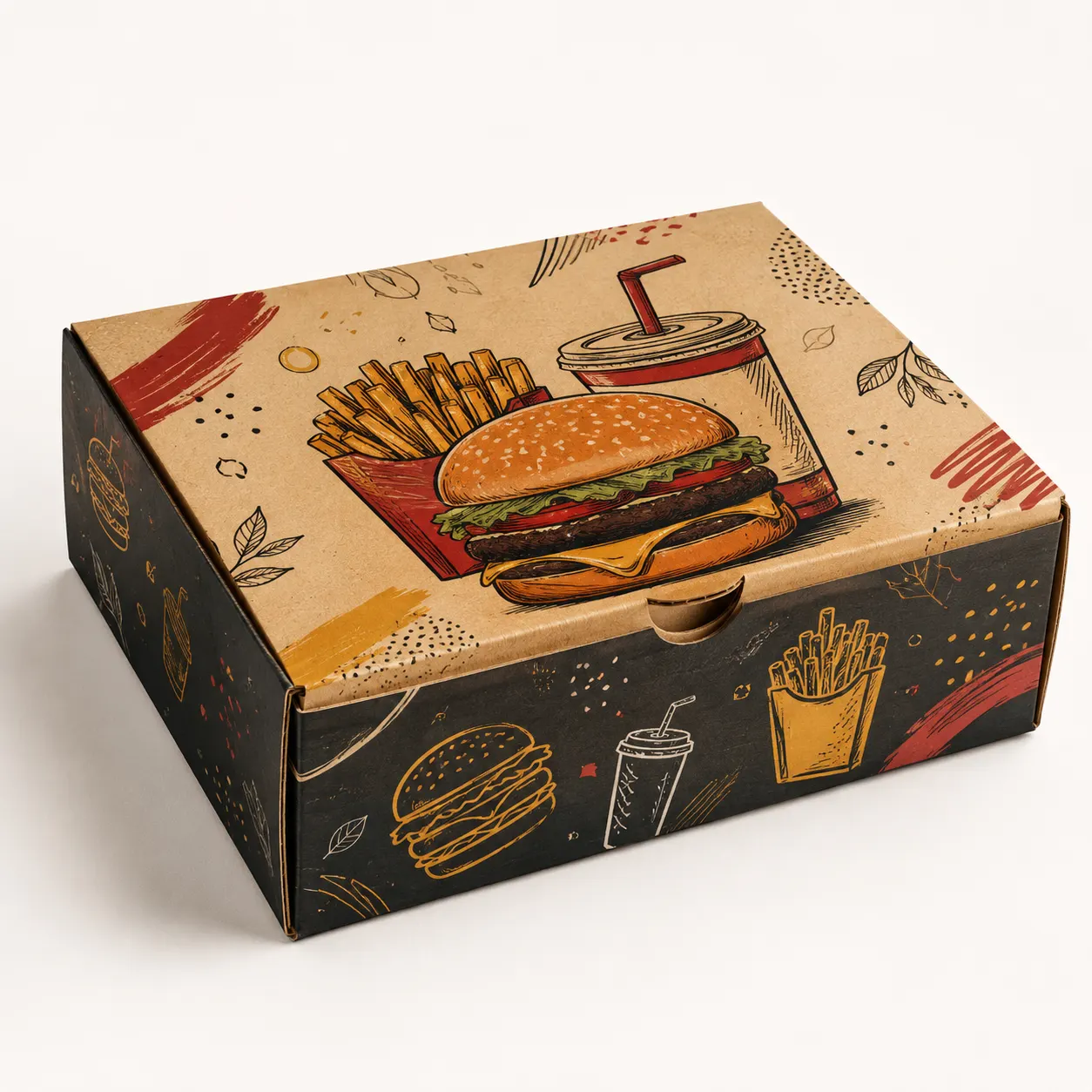 Burger Meal Combo Box front three-quarter view with custom multicolour brand printing
