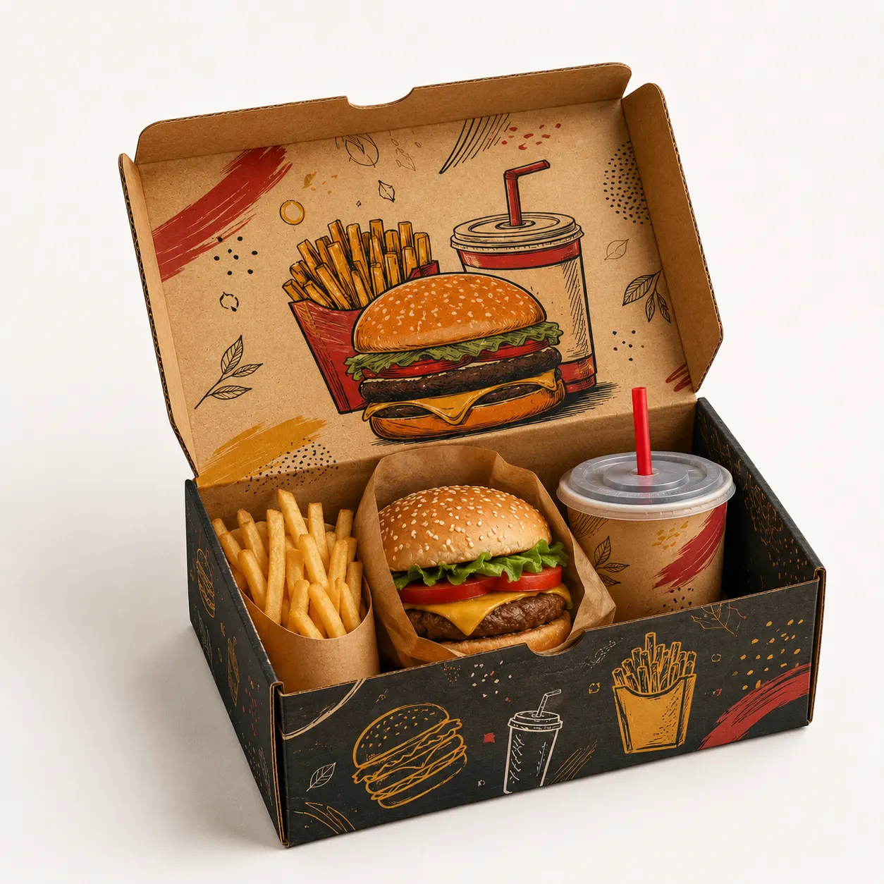 Burger Meal Combo Box open box interior view with custom multicolour brand printing