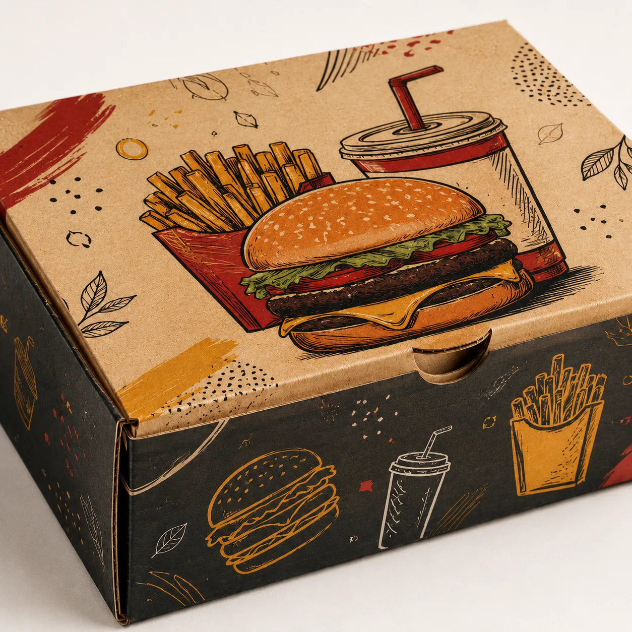 Burger Meal Combo Box packed application view with custom multicolour brand printing