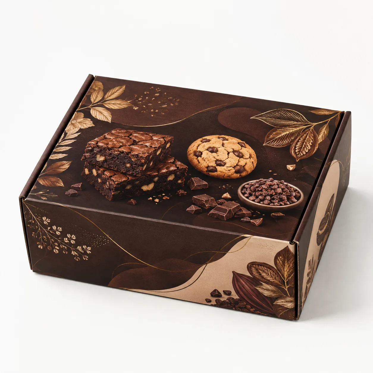 Brownie & Cookie Hamper Box front three-quarter view with custom multicolour brand printing
