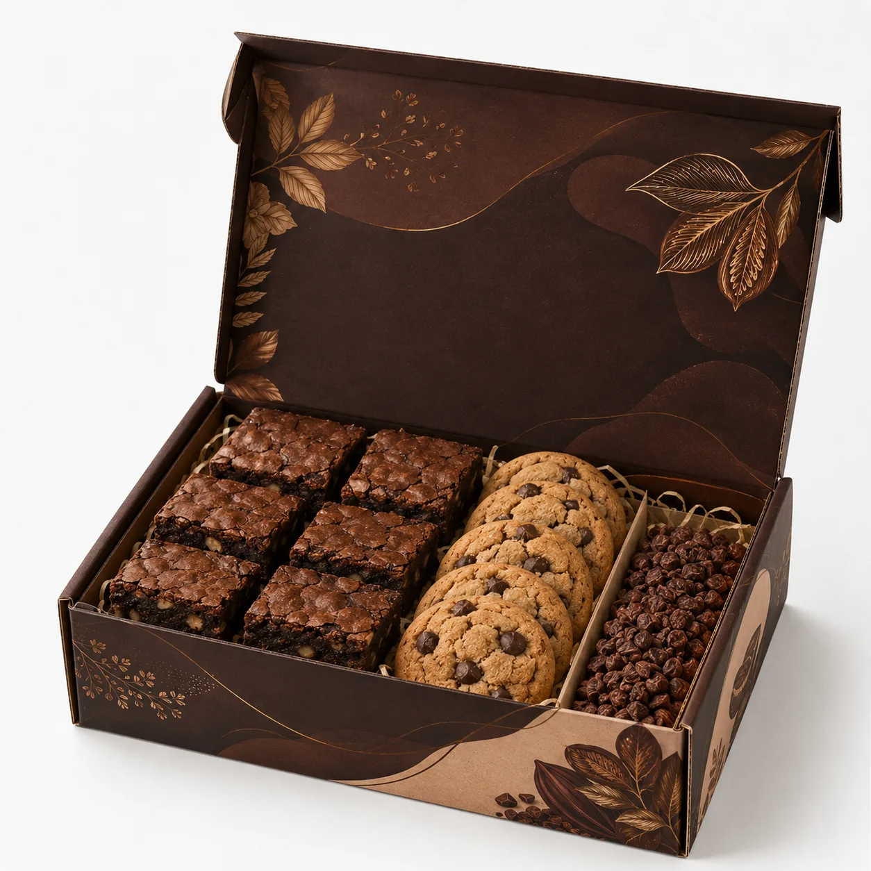 Brownie & Cookie Hamper Box open box interior view with custom multicolour brand printing