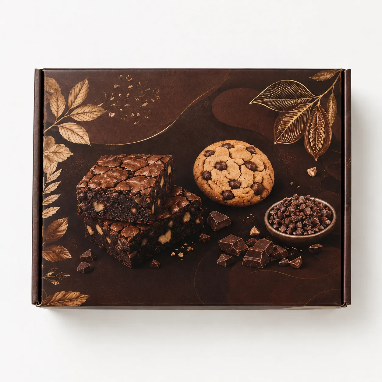 Brownie & Cookie Hamper Box side panel print view with custom multicolour brand printing
