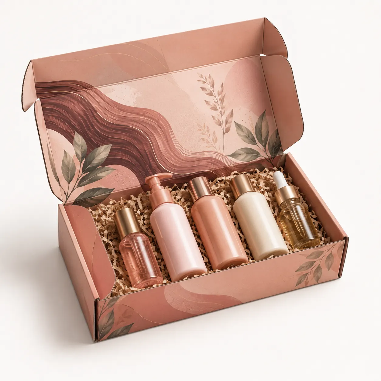 Haircare Trial Kit Mailer Box open box interior view with custom multicolour brand printing