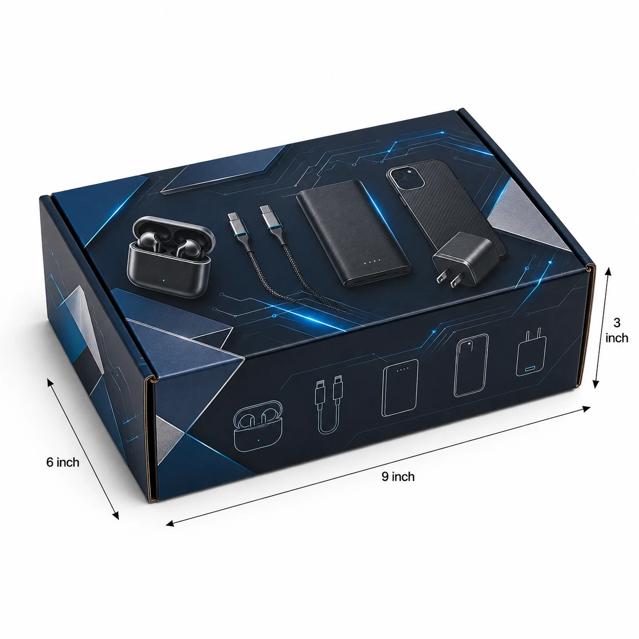 Mobile Accessories Mailer Box hero view with custom multicolour brand printing