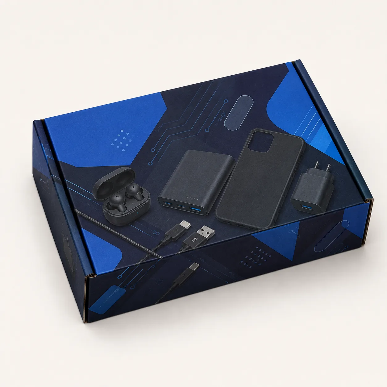 Mobile Accessories Mailer Box front three-quarter view with custom multicolour brand printing