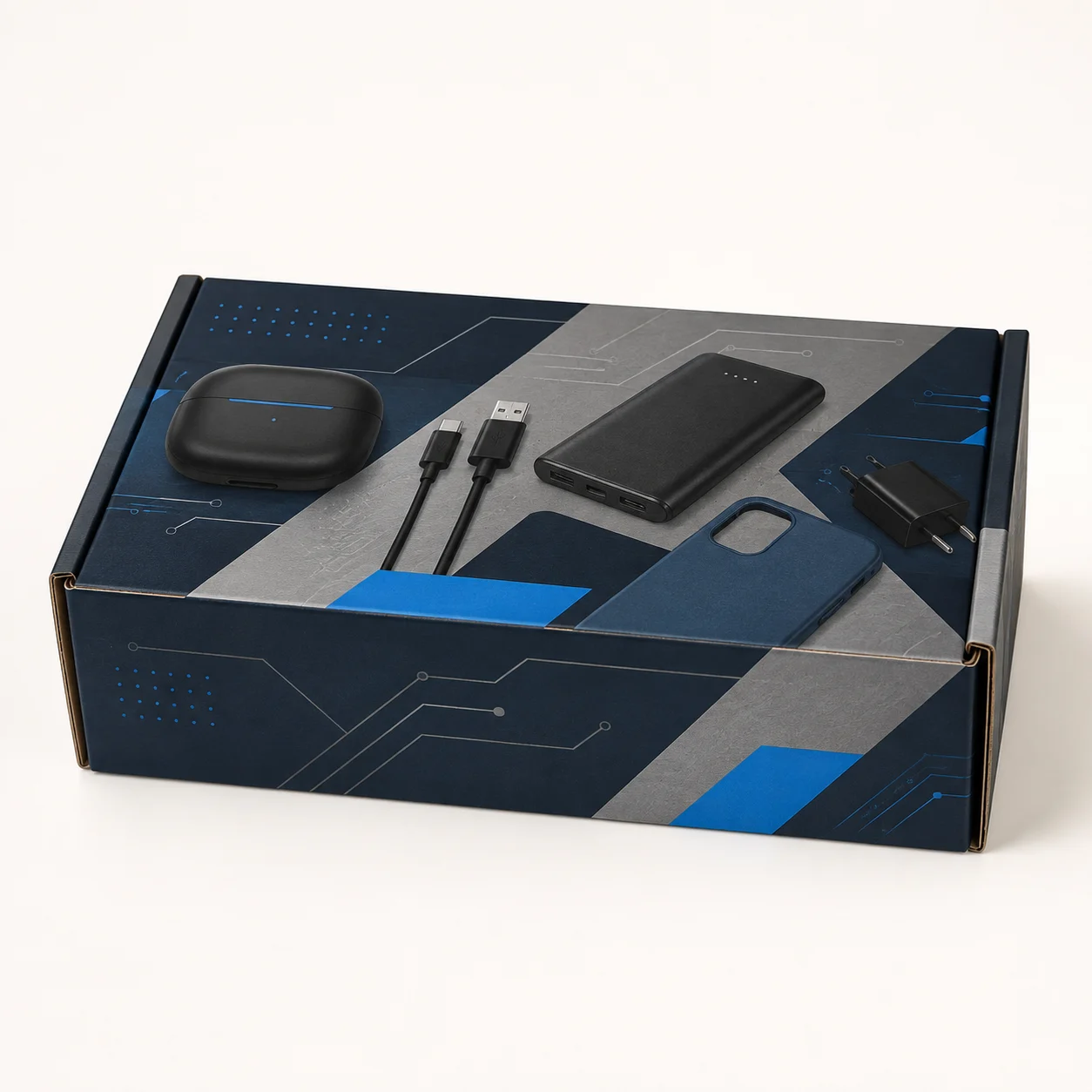 Mobile Accessories Mailer Box open box interior view with custom multicolour brand printing