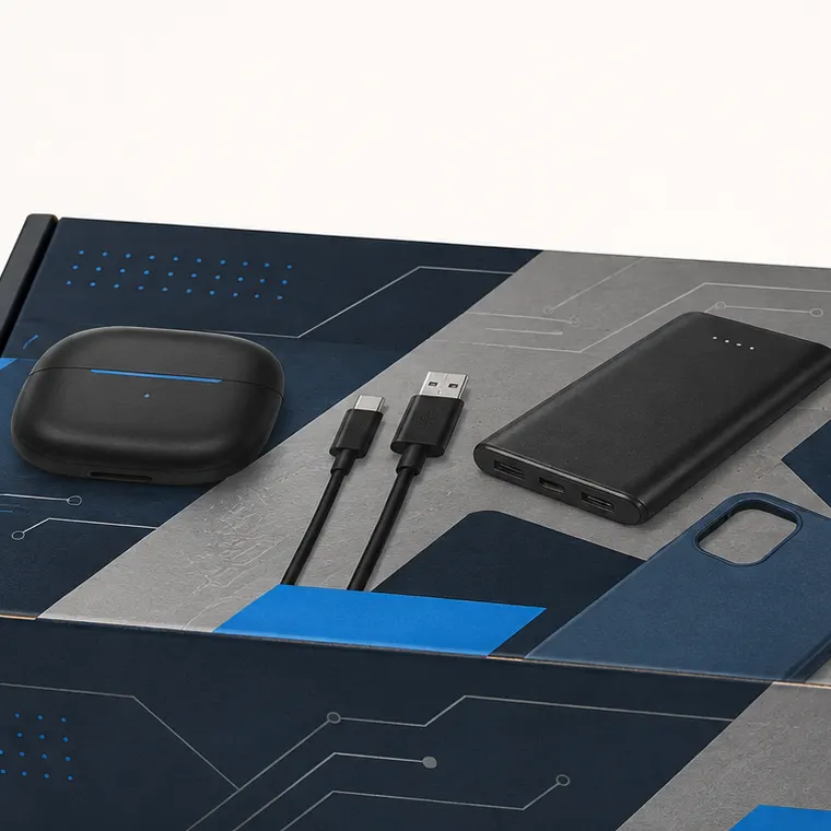 Mobile Accessories Mailer Box packed application view with custom multicolour brand printing