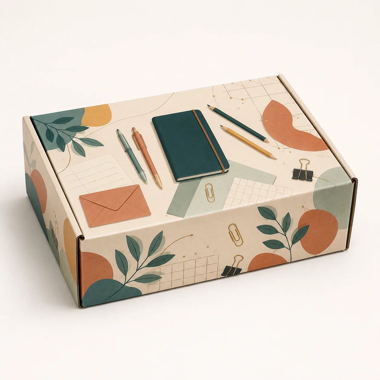 Stationery Subscription Mailer Box front three-quarter view with custom multicolour brand printing