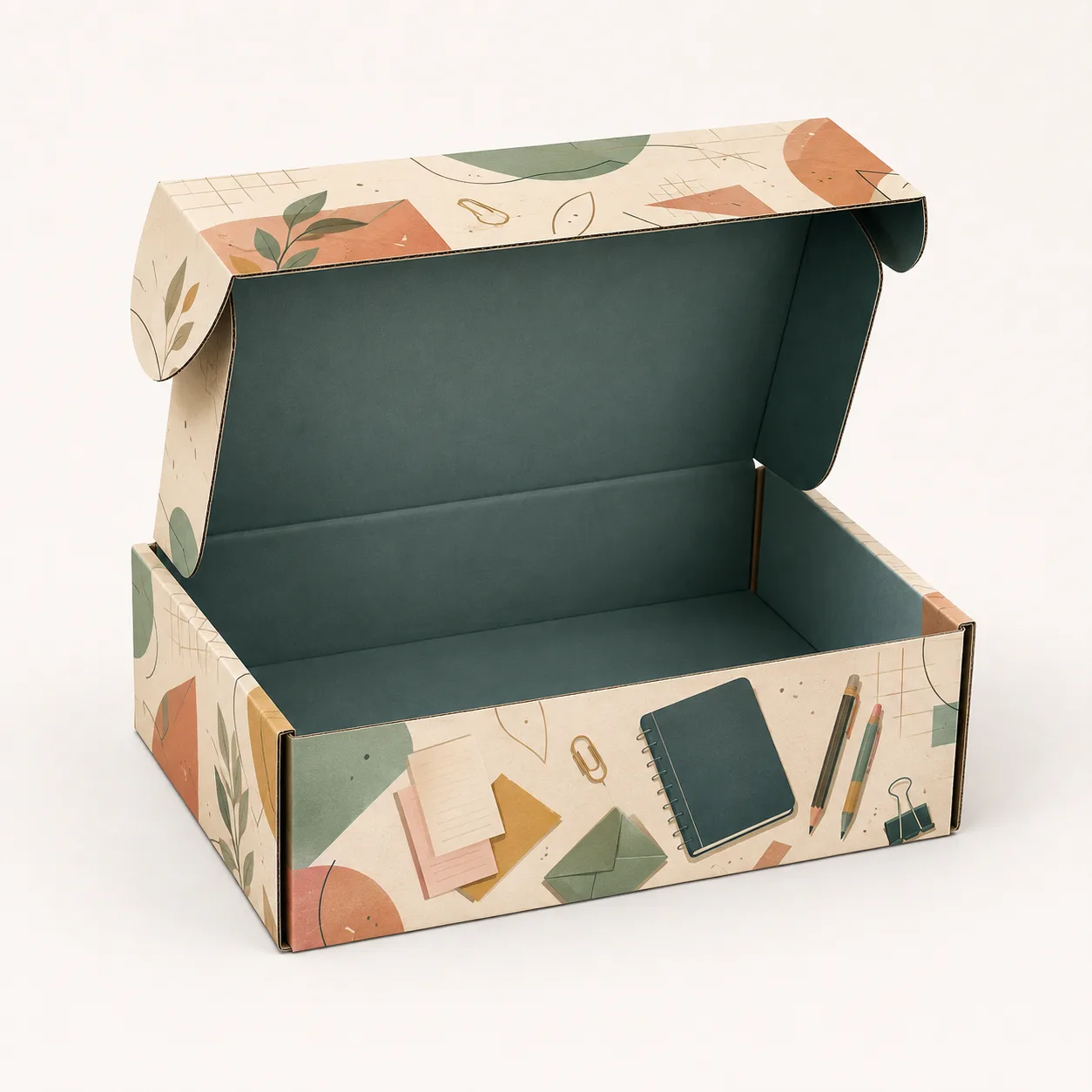 Stationery Subscription Mailer Box open box interior view with custom multicolour brand printing