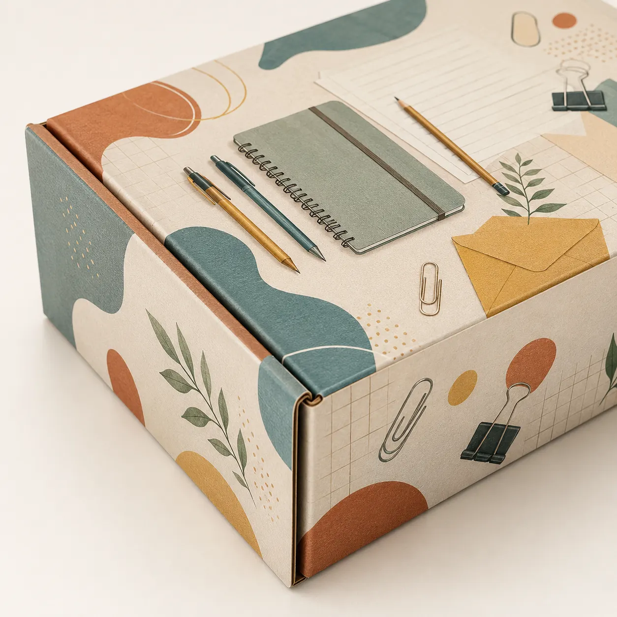 Stationery Subscription Mailer Box side panel print view with custom multicolour brand printing