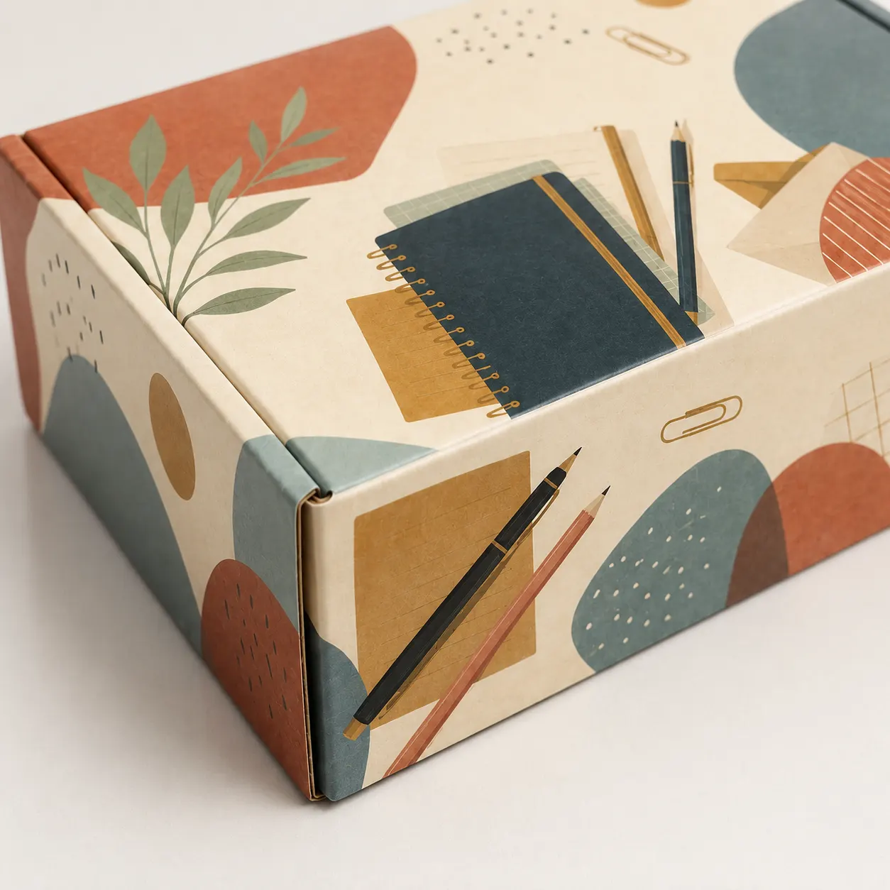 Stationery Subscription Mailer Box packed application view with custom multicolour brand printing