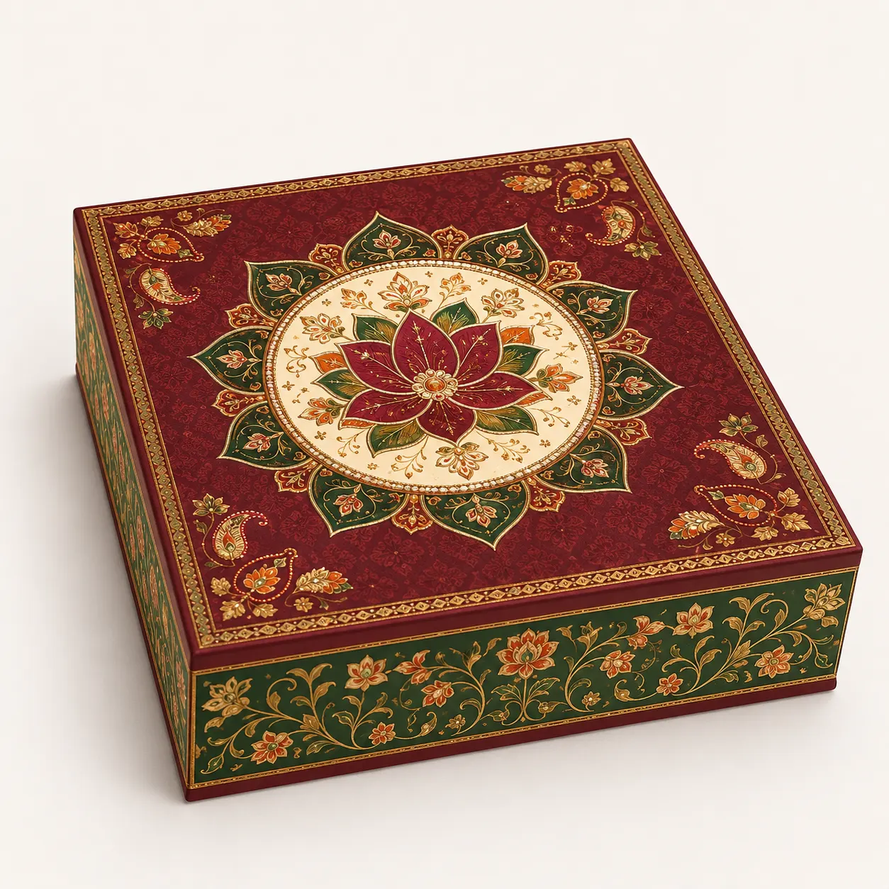 Festive Mithai Box front three-quarter view with custom multicolour brand printing