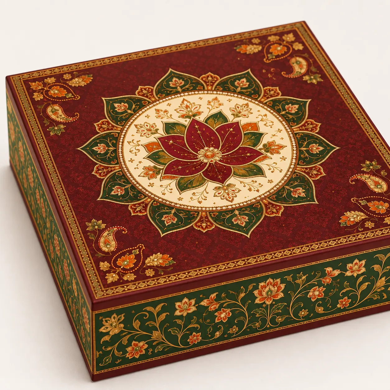 Festive Mithai Box packed application view with custom multicolour brand printing