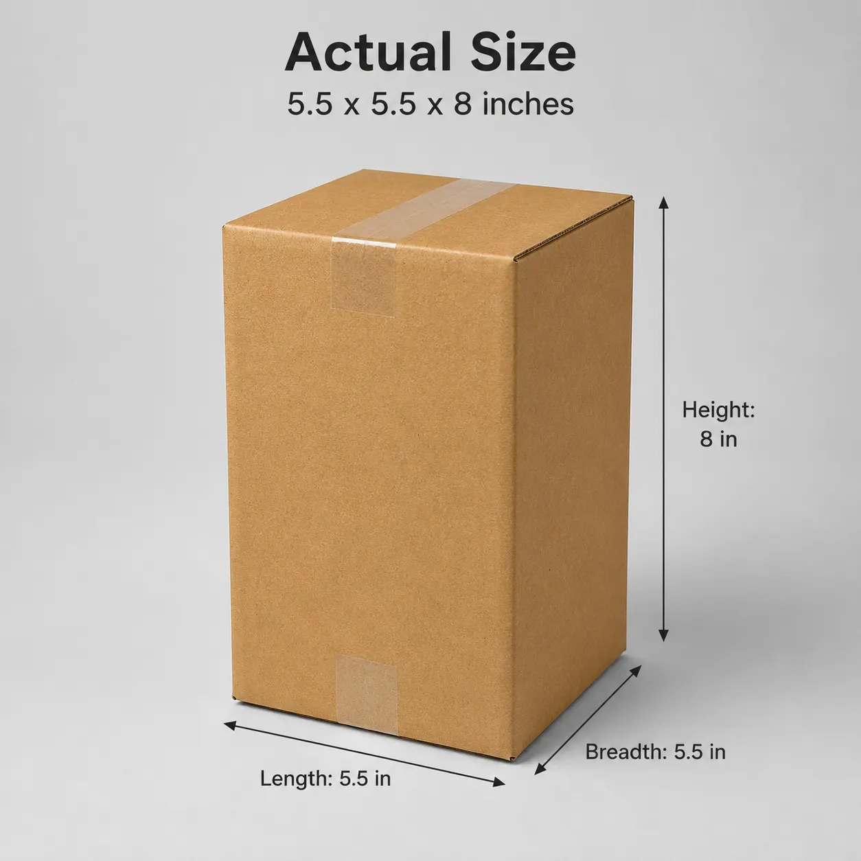 5.5x5.5x8 inch brown taped corrugated carton box with actual size dimensions by Boxwaale.in