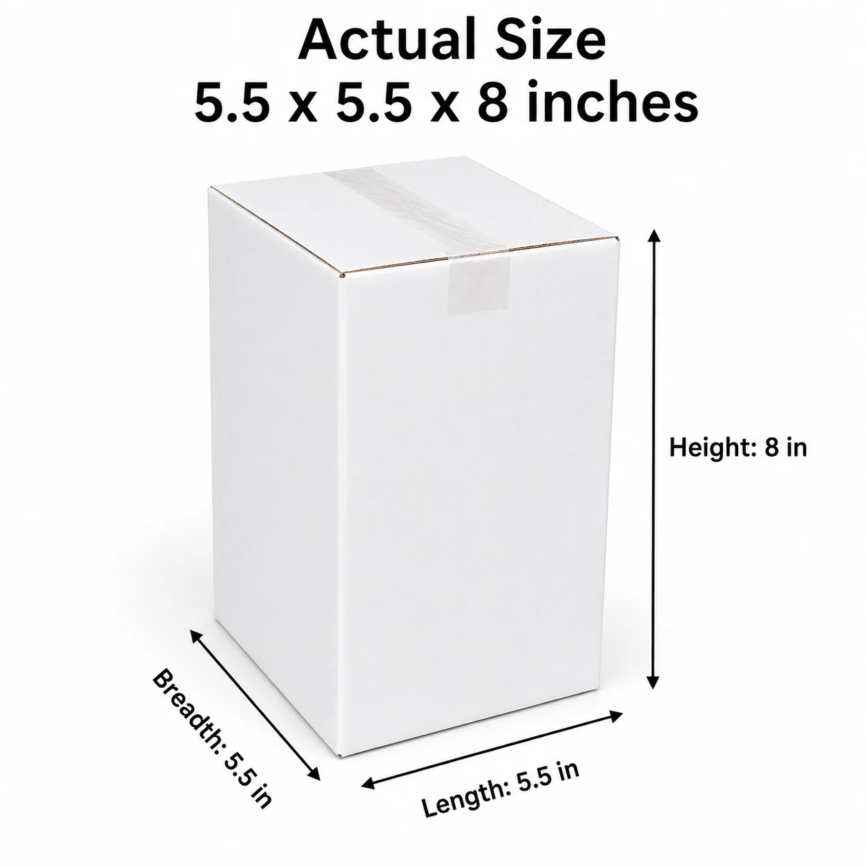 5.5x5.5x8 inch white taped corrugated carton box with actual size dimensions by Boxwaale.in