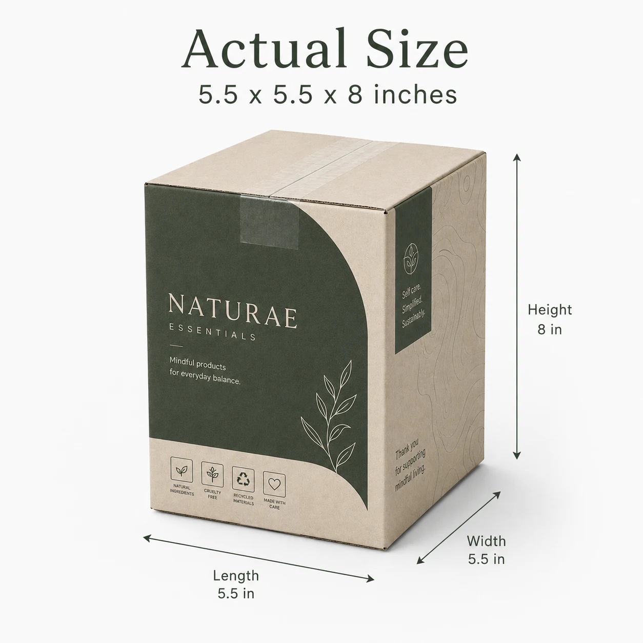5.5x5.5x8 inch custom printed taped corrugated carton box with actual size dimensions by Boxwaale.in