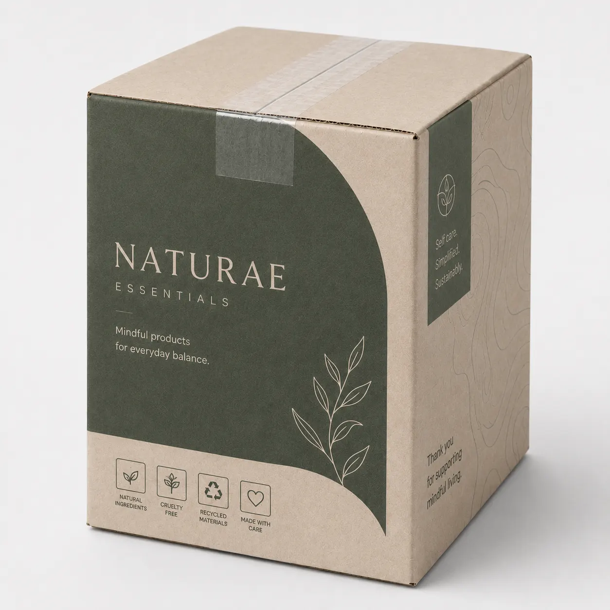 Front angle view of 5.5x5.5x8 inch custom printed taped corrugated carton box