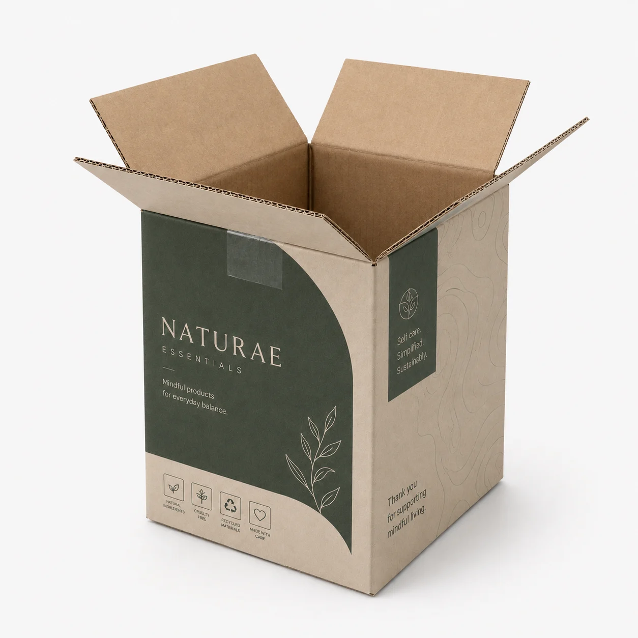 Top view of 5.5x5.5x8 inch custom printed carton box with adhesive tape seam