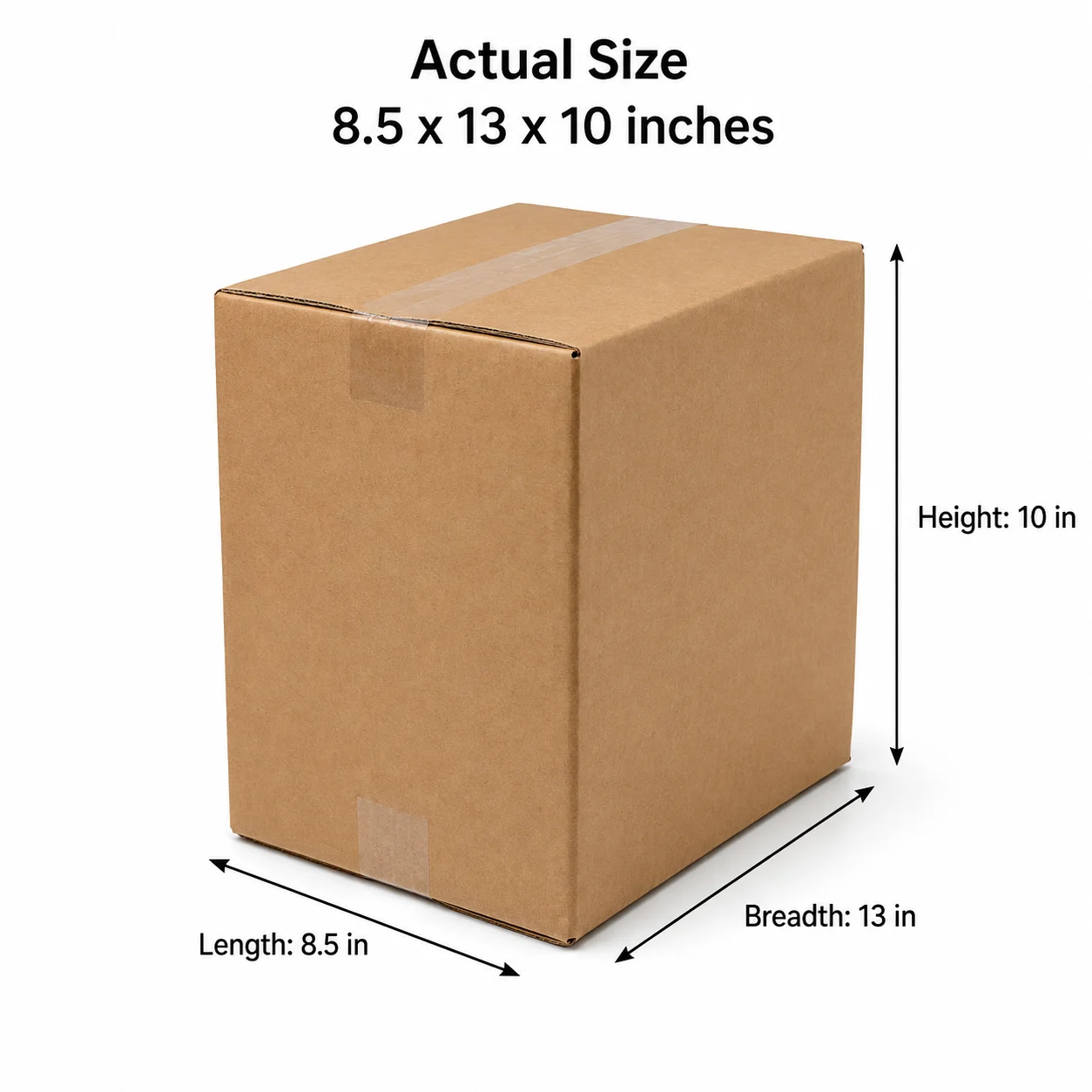 8.5x13x10 inch brown taped corrugated carton box with actual size dimensions by Boxwaale.in