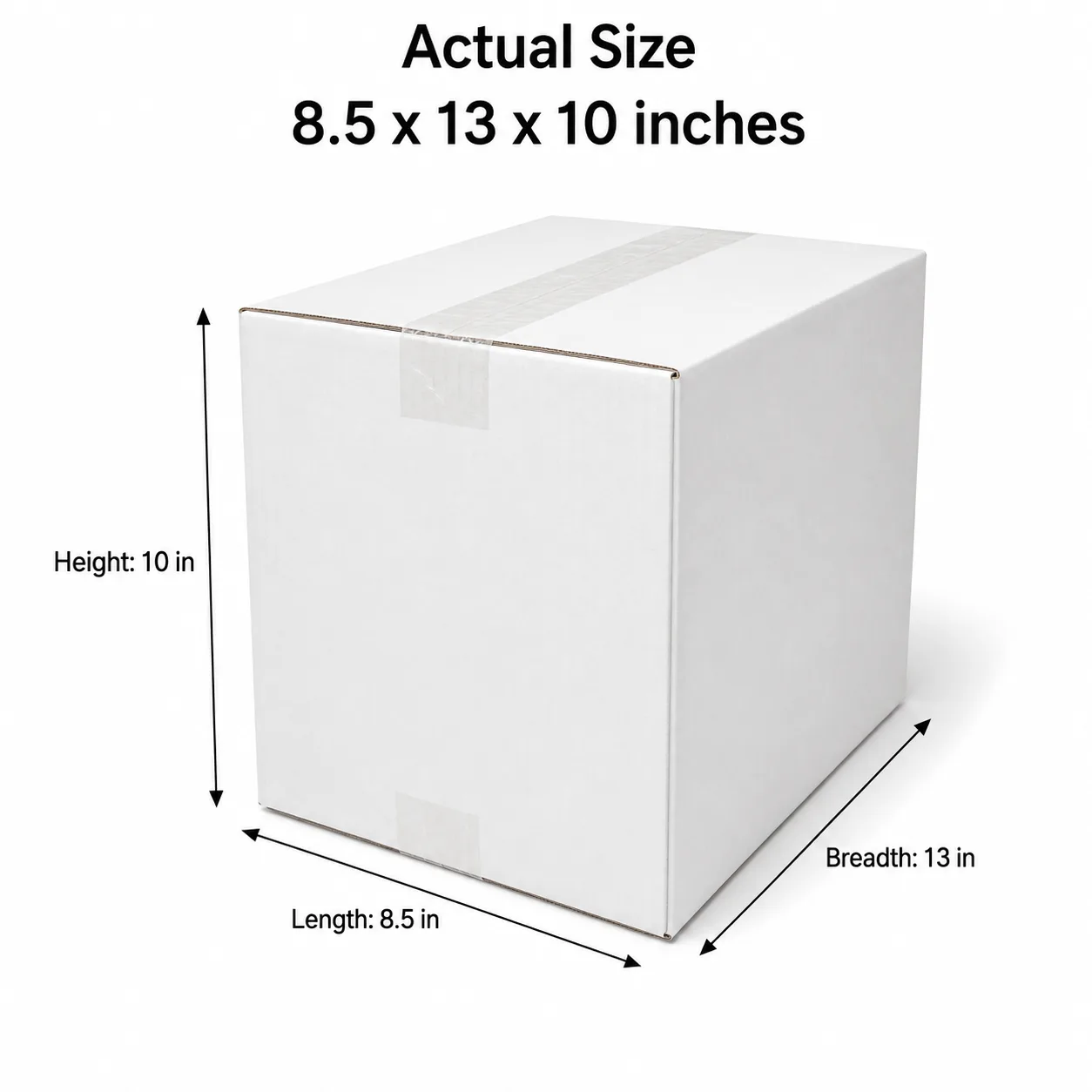 8.5x13x10 inch white taped corrugated carton box with actual size dimensions by Boxwaale.in