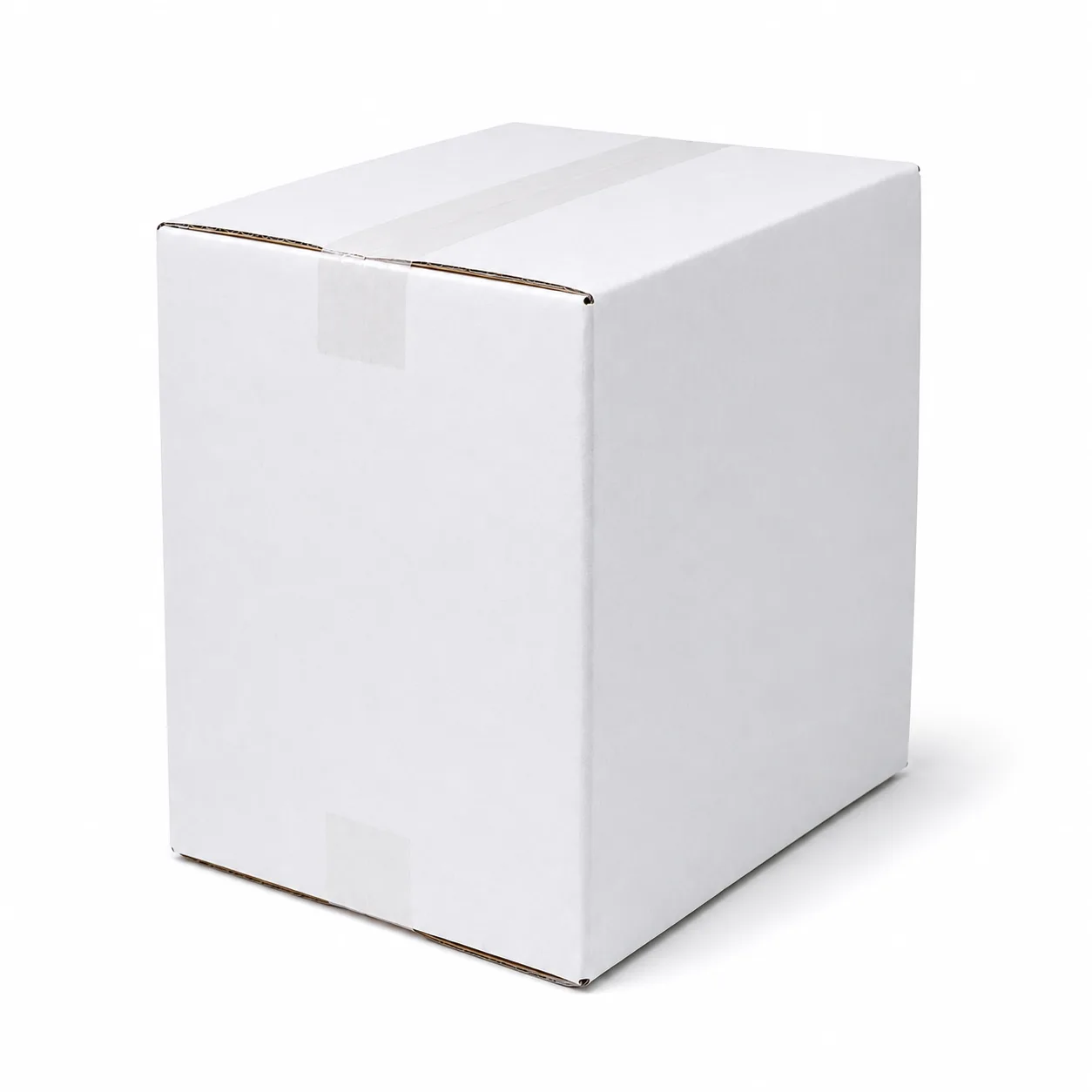 Front angle view of 8.5x13x10 inch white taped corrugated carton box
