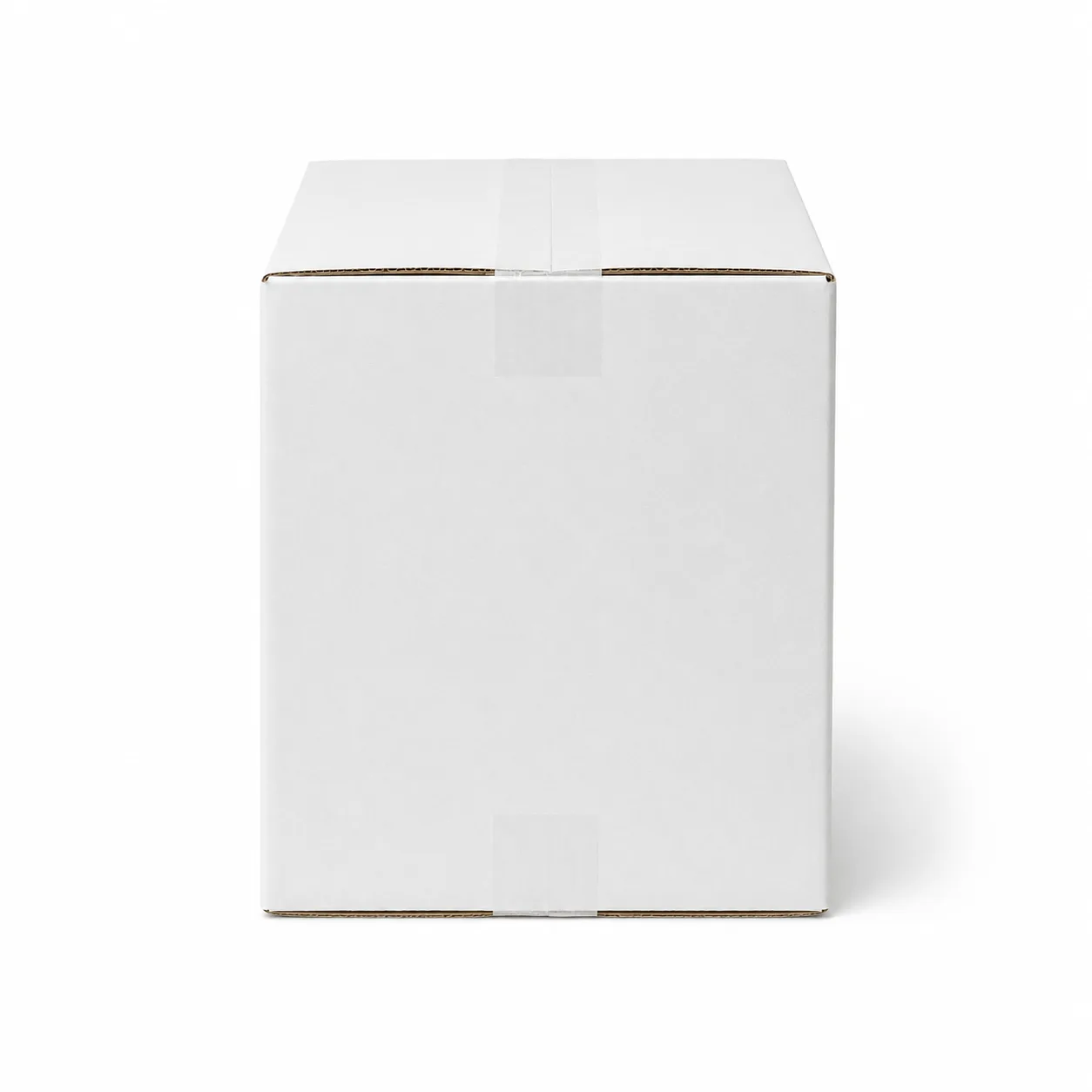 Close-up view of white corrugated carton material and tape area