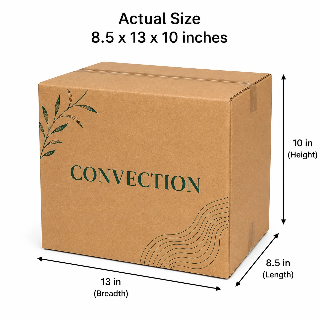 8.5x13x10 inch custom printed taped corrugated carton box with actual size dimensions by Boxwaale.in