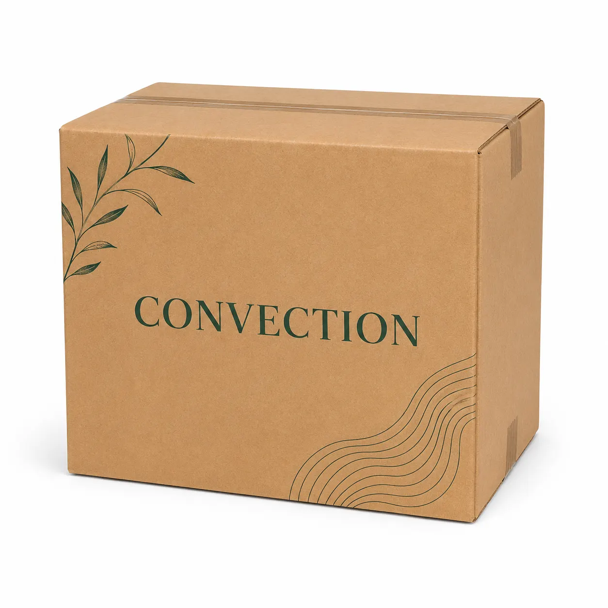 Front angle view of 8.5x13x10 inch custom printed taped corrugated carton box