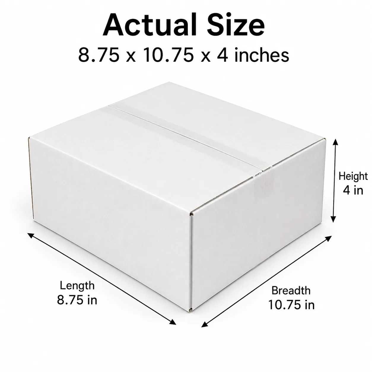 8.75x10.75x4 inch white taped corrugated carton box with actual size dimensions by Boxwaale.in