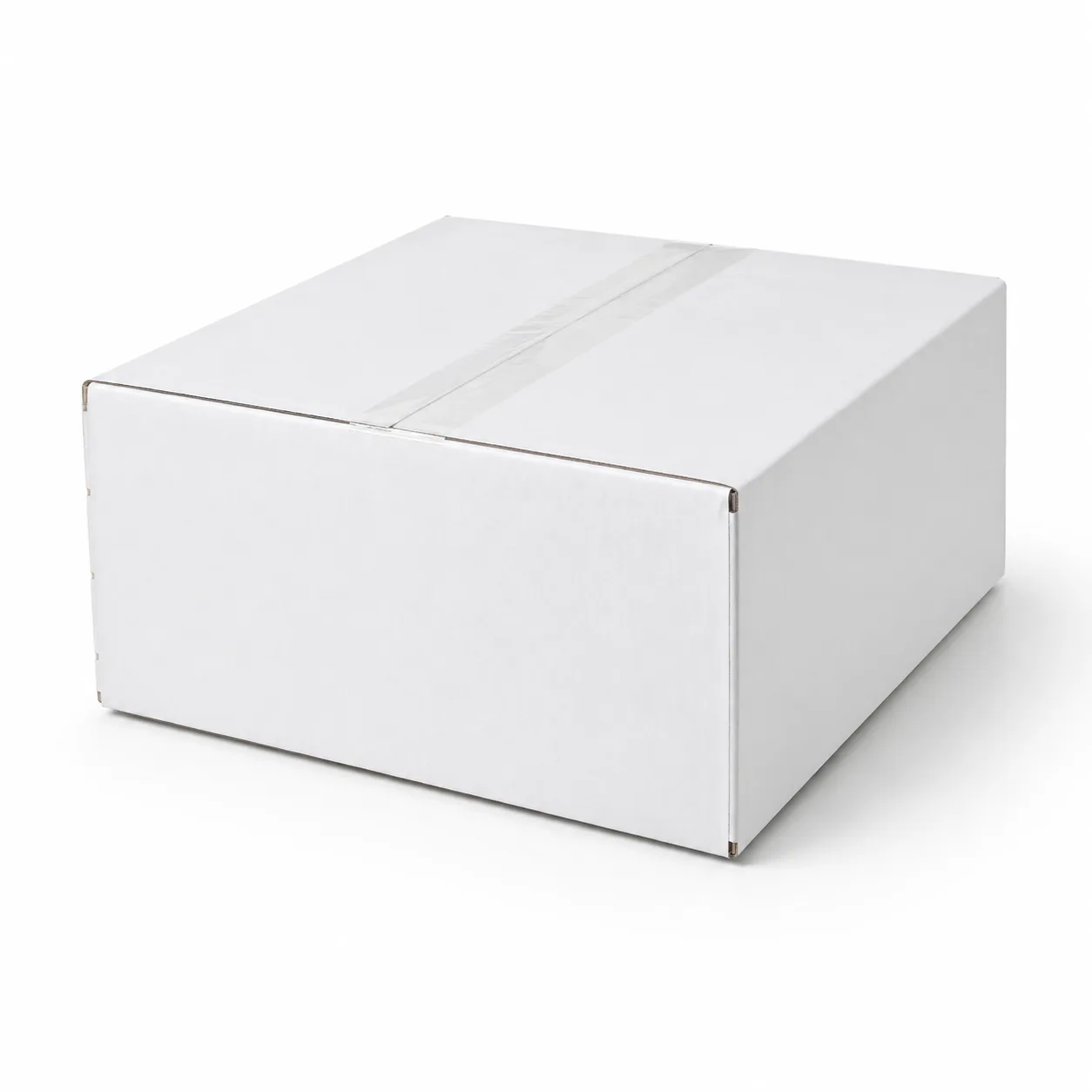 Front angle view of 8.75x10.75x4 inch white taped corrugated carton box