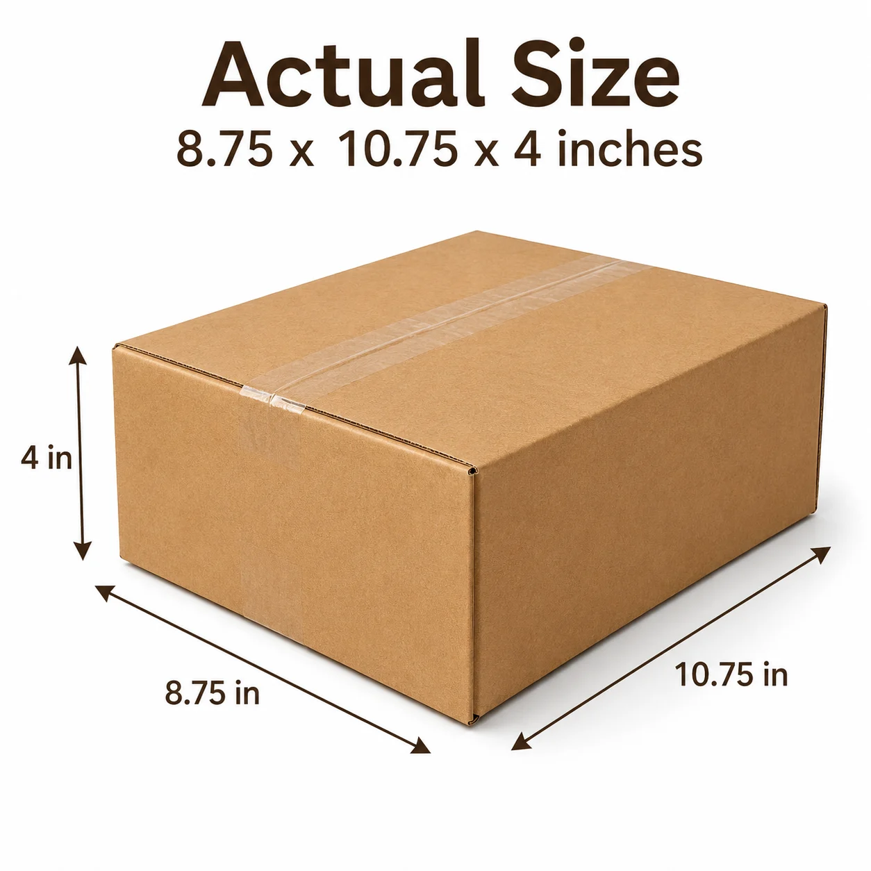 8.75x10.75x4 inch brown taped corrugated carton box with actual size dimensions by Boxwaale.in
