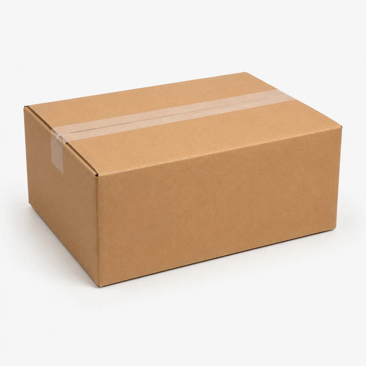 Front angle view of 8.75x10.75x4 inch brown taped corrugated carton box
